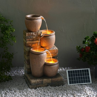 Teamson Home 30.71" 4-Tier Cascading Bowl Solar Powered Polyresin Waterfall Fountain: Outdoor LED, Faux Brick Design