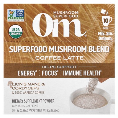 Om Mushrooms Superfood Mushroom Blend, Coffee Latte, 10 Packets, 0.28 oz (8 g) Each