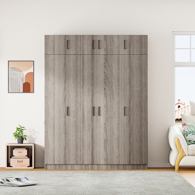 Whisen Wood 4-Door Wooden Wardrobe Armoire with Shelves, 1-Drawer, 1 Hanging Rod and Top Cabinet