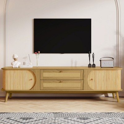 Lyngins Rattan TV Stand for TVs up to 75",Media Console with Solid Wood Doors,Drawers,Cable Management,Entertainment Center for Living Room