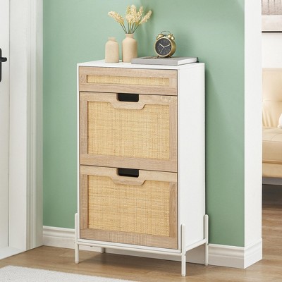 Shoe Storage Cabinet with 2 Flip Drawers, Natural Rattan Shoe Organizer with Metal Legs and Adjustable Shelf