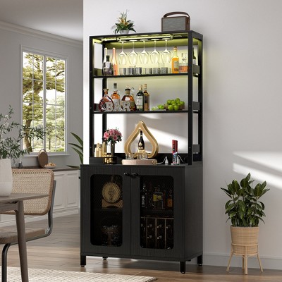 Aheaplus Wine Rack with Hutch, Wine bar Cabinet with Adjustable shelves