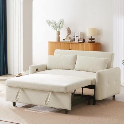 Airsurfer 57.48" Pull-out Sleeper Sofa Bed, Convertible 2-Seater Loveseat with USB Ports and 2 Pillows, Modern Couch for Living Room