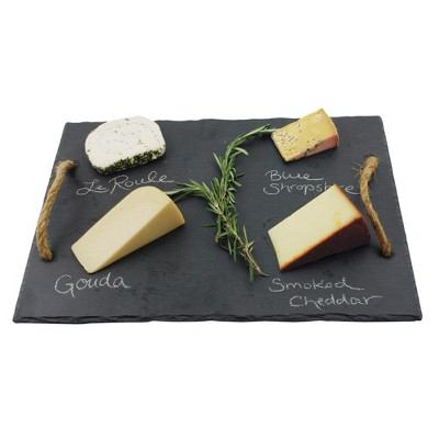 Twine Slate Cheese Board and Chalk Set, Natural Slate with Velvet Backing, Hemp Farmhouse-Style Handles, 15.5" by 12", Gourmet Gift Set, Black