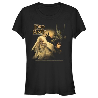Juniors Womens Lord of the Rings Fellowship of the Ring Gandalf Frodo and Sauron Logo T-Shirt