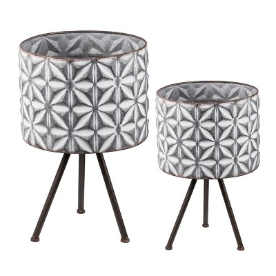 Gulches Set of 2 Metal Planter Stand,Round Galvanized Grey Farmhouse Planter