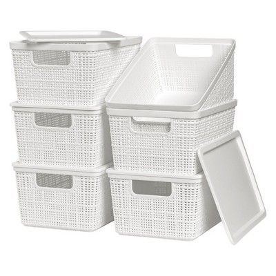 Aoibox Plastic Storage Baskets with Lids White Stackable Organizing Bins Small Containers for Closet Desktop 6 Pack