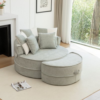 PAGED Lazy Lounge Sofa Oversized Round Sofa Accent Barrel Chair with Ottoman and 5 Pillows for Living Room, Home Office