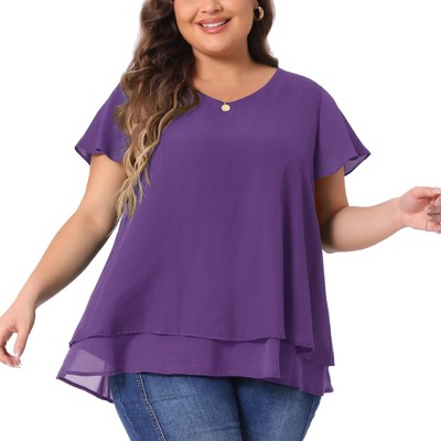 Agnes Orinda Women's Plus Size V Neck Short Flare Sleeve Double Layers Chiffon Casual Summer Blouses