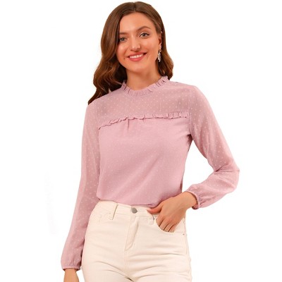 Allegra K Women's Swiss Dots Textured Ruffle Neck Long Sleeve Blouse