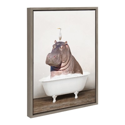 18" x 24" Sylvie Hippo and Bird in Rustic Bath Framed Canvas by Amy Peterson - Kate & Laurel All Things Decor