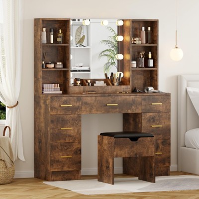 Farmhouse Vanity Set with LED Mirror,56"Makeup Vanity with Power Outlet&Storage Shelves