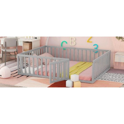 CAVINAS Queen Size Wood Montessori Bed,Modern Floor Bed Frame with Safety Fence and Door,Toddler Bed for Bedroom