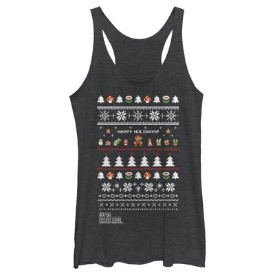 Women's Nintendo Ugly Christmas Super Mario Happy Holidays Racerback Tank Top