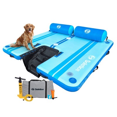 Solstice Original Floating Inflatable Dock, RISE Swimming Platform, 7 x 7 Foot Water Mat Swim Raft with Integrated Backrest and Mesh Entryway