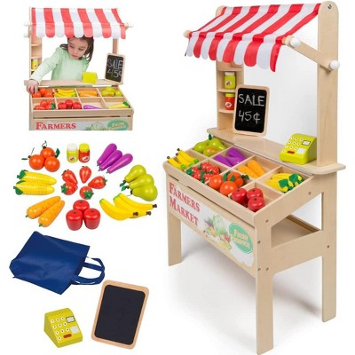 Svan Wooden Farmers Market Stand Toy- 30+ Food Pcs w Chalkboard & Register- Role Play, Fun Grocery Set- Playroom Activity Center- Kids, Girls & Boys
