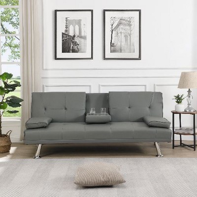 CAVINAS Sofa Bed with Armrest and 2 Holders Wood Frame Loveseat Sofa with Stainless Leg, Futon Sofa Couch for Living Room