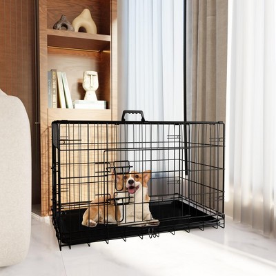 Foldable Metal Dog Enclosure with Divider and Leak-Proof Tray, Dual-Door Wire Cage for Indoor, Outdoor, and Travel Use