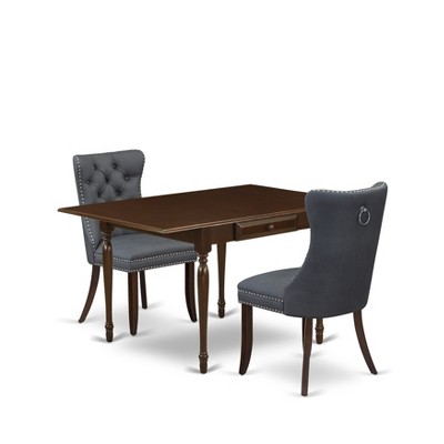 East West Furniture, 3 Piece Kitchen Table Set Consists of a Rectangle Dining Table with Dropleaf and 2 Upholstered Chairs, Mahogany