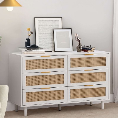 51.18" White 6-Drawer Rattan Storage Cabinet for Bedroom & Living Room