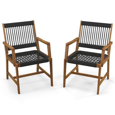 Costway Patio 2pcs Acacia Wood Dining Chairs All-Weather Rope Woven Armchairs Outdoor