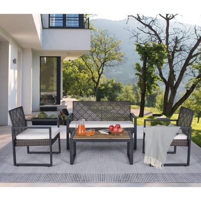ORRD 4-Piece Acacia Wood Patio Set - Outdoor Balcony/Garden Furniture w/Table, Perfect for Porch & Backyard（Black+Brown）