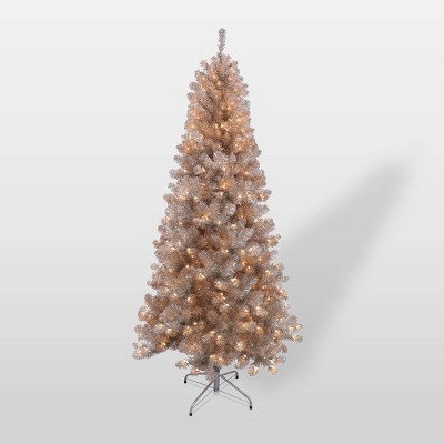 Puleo 6.5ft Pre-Lit Rose Gold Tinsel Artificial Christmas Tree: 300 Clear LED Lights, Hinged Branches, Metal Base, Indoor Use