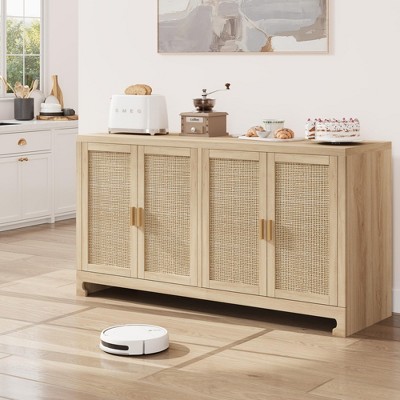 Woven Rattan 4-Door Storage Cabinet, Buffet Sideboard with Shelf, Coffee Bar Console for Kitchen Dining & Living Room, 36"H