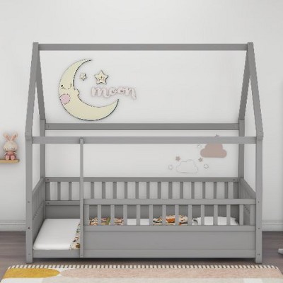 CAVINAS Twin Size Bed Frame, Wooden Bed with House Roof Frame for Children, Floor Platform Bed with Fence Guardrails