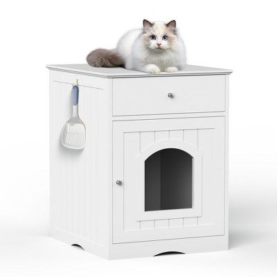 JUJABU White Wooden Pet House Cat Litter Box with Drawer