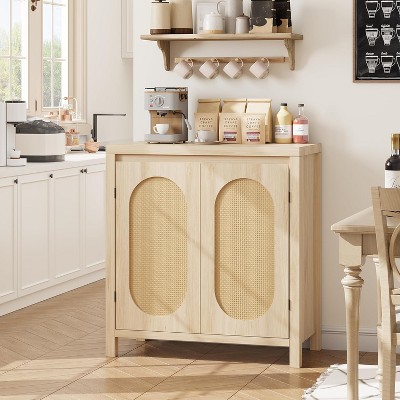 Rattan Cabinet Sideboard Buffet Kitchen Storage Cabinet Cupboard Console Table Wood Coffee Bar Cabinet With Doors and Shelves Liquor Accent Cabinet
