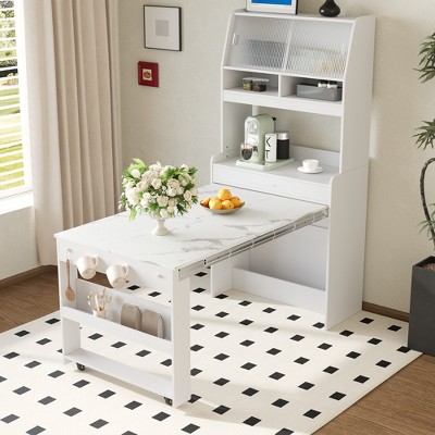 Extendable Dining Table Buffet with Hutch Foldable Dining Table Multifunctional Cupboard with Storage Shelf & Side Hooks-ModernLuxe
