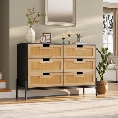 Natural Rattan 6 Drawer Double Dresser, Wooden Chest of Drawer, Farmhouse Storage Cabinet with Solid Metal Legs