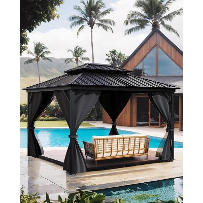 10 x12ft Hardtop Gazebo With Nettings & Curtains, Durable Galvanized Steel Frame and Vertical Striped Canopy for Patio Backyard Deck or Garden