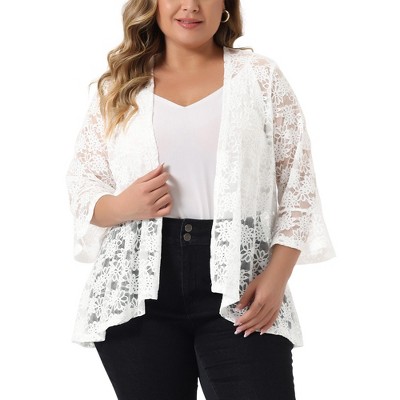 Agnes Orinda Women's Plus Size Casual Open Front 3/4 Sleeve Sheer Lace Cardigan