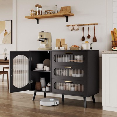 Sideboard Buffet Cabinet with Storage, Buffet Cabinet with Fluted Glass Door and Drawers,Black
