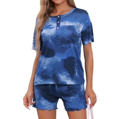 cheibear Women's Tie Dye Pajama Set Short Sleeve Shirt Round Neck 2 Piece Lounge Set Sweatsuit