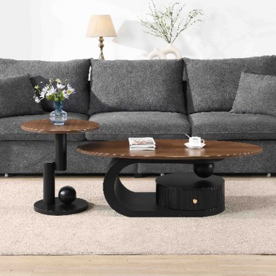 Lyngins 2-Piece Coffee Table Set – Faux Marble & Metal, Oval Coffee Table with Round Side Table, Sturdy Steel Frame, Center Table & Living Room Table