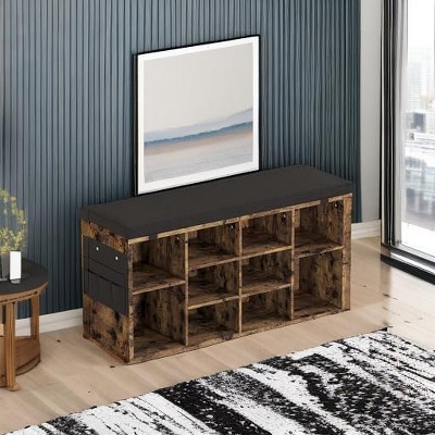 GustoWave Shoe Storage Bench with Cushion, 10-Cubby Shoe Rack, Adjustable Shelves, Multifunctional Shoe Organizer Bench for Entryway, Mudroom, Hallway