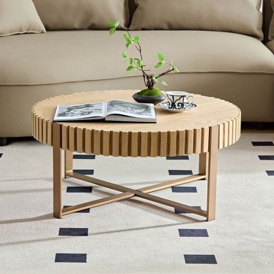 NicBex Modern Handcraft Drum Coffee Table with Cross Metal Legs,Small Round End Table,Center Table for Living Room