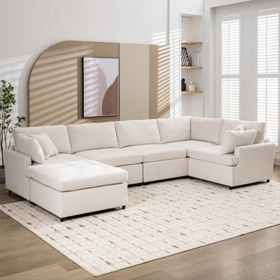 Okak U-Shaped Convertible Sectional Sofa Couch with Movable Ottoman, Modern 6 Seat Upholstered Sofa for Living Room,Apartment