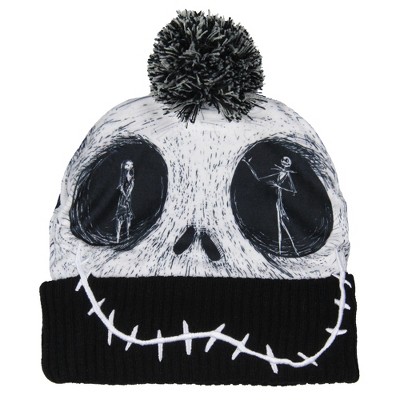 Disney Nightmare Before Christmas Beanie Jack Skellington Sublimated Face Pom Knit Beanie Hat Cap Black