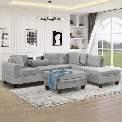 YOOCOZZ 105" L-Shape Sectional Sofa with Storage Ottoman ,2 Pillows, Cup Holders and Reversible Chaise