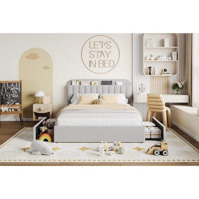 Bed Frame with Storage Headboard, Kids Bed Frame with 2 Drawers, Boucle Upholstered Platform Bed with Bookcase, No Box Spring Needed, Easy Assembly