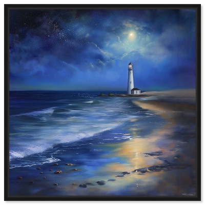 Art Remedy Lighthouse at Night Chic Coastal Wall Art Framed