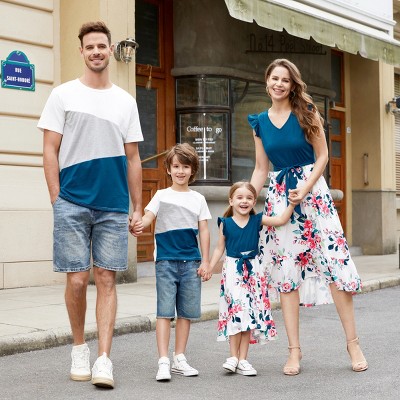 PATPAT Family Matching V Neck Flutter-sleeve Splicing Floral Print Dresses and Short-sleeve Colorblock T-shirts Sets