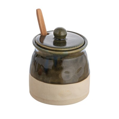 Storied Home Stoneware Sugar Pot with Lid and Wood Spoon
