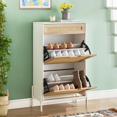Entryway Shoe Cabinet with 2 Flip Drawers, Slim Freestanding Wooden Shoe Organizer with Linen Front Panels, Space-Saving Closed Shoe Rack