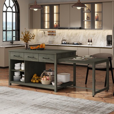 TiramisuBest Retro Extendable Kitchen Island with Storage, Multi-Functional Kitchen Cart with Built-In Power Outlets