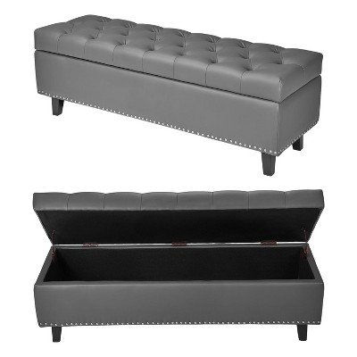 VEVOR Button-Tufted Storage Ottoman Bench, PU Leather Bench with Storage and Solid Wood Legs, Upholstered End of Bed Benches, Gray